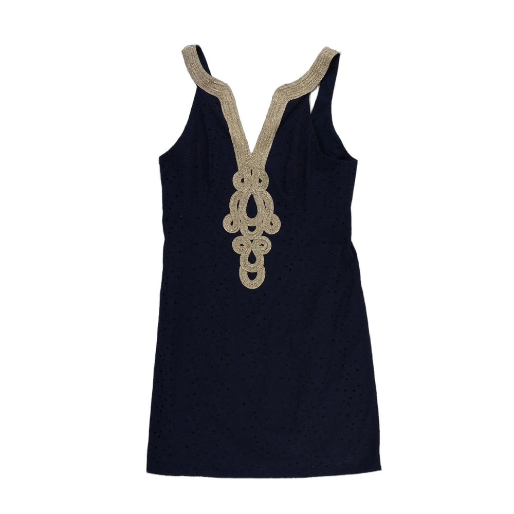 New Lilly Pulitzer Emery 100% Cotton Dress Women's Size 4 Starfish Eyelet Navy - Picture 2 of 8